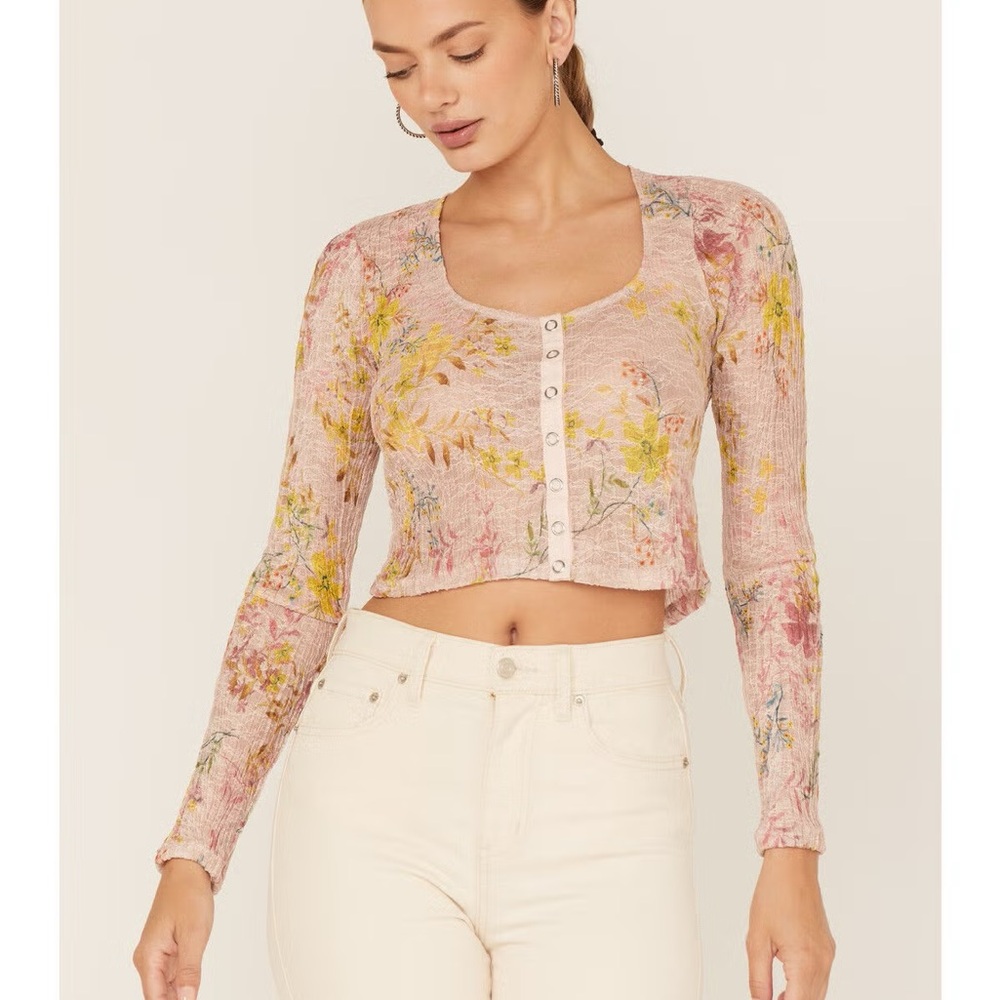 We The Free Angelina Pink and Yellow Floral Crop Top Size XL